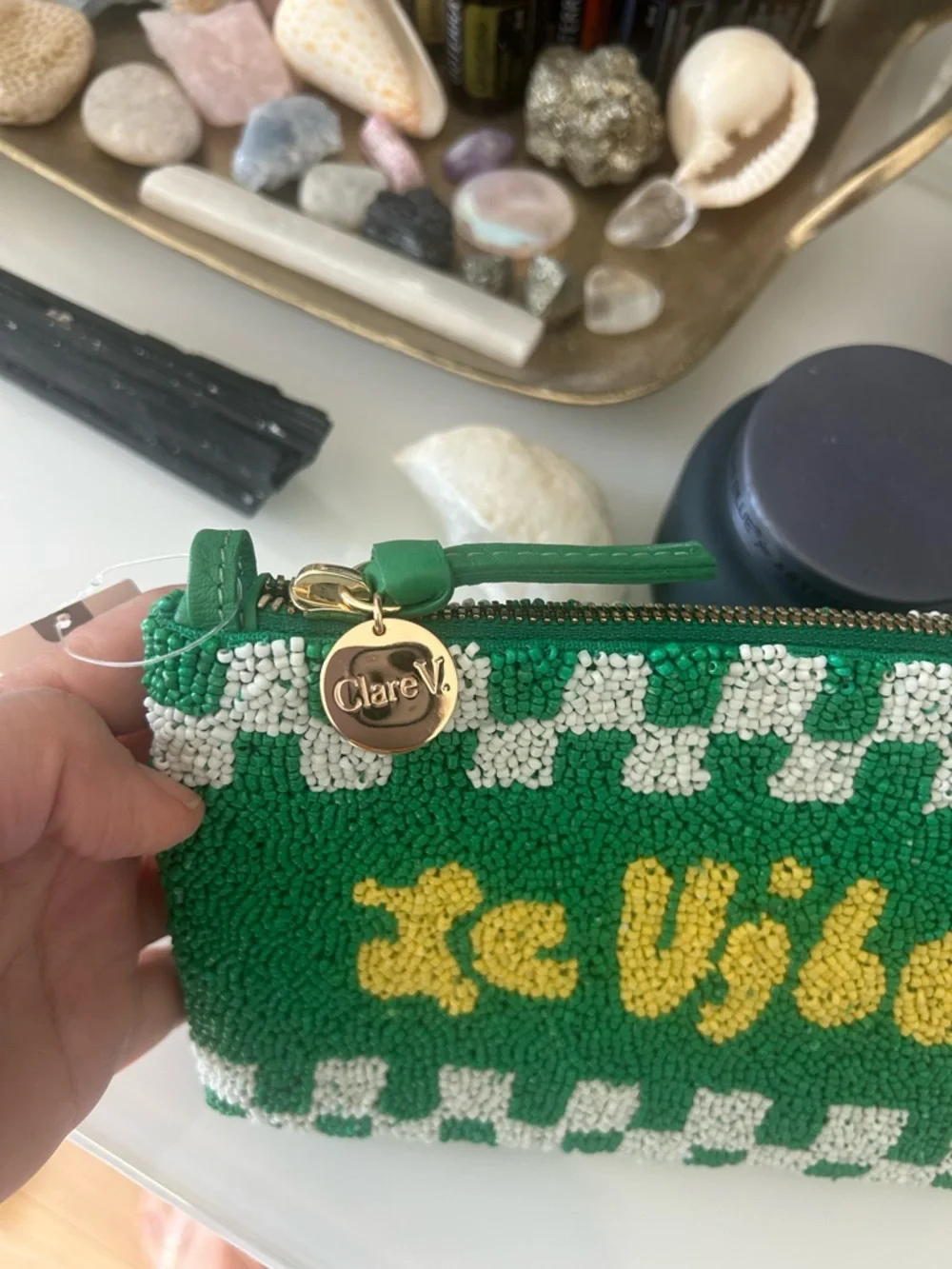 NWT Clare V Le Vibe Green, White & Yellow Hand Beaded Clutch Bag - Picture 4 of 10